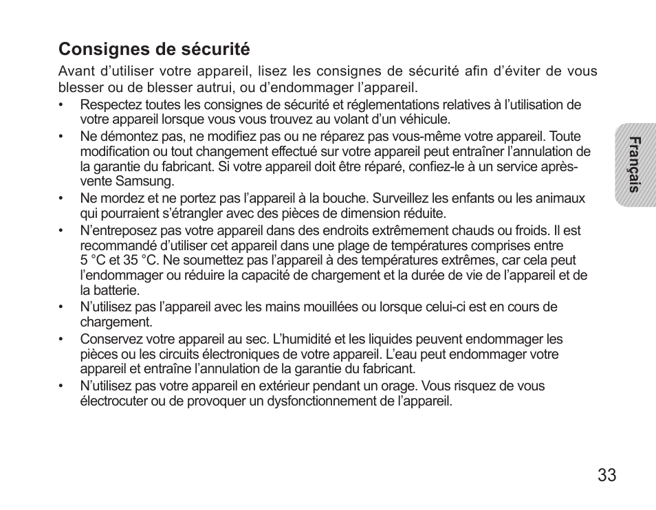 Consignes de sécurité | Samsung BHS3000 User Manual | Page 35 / 173