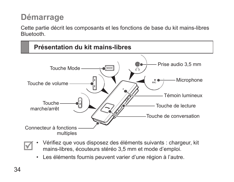 Démarrage, Présentation du kit mains-libres | Samsung BHS3000 User Manual | Page 36 / 173