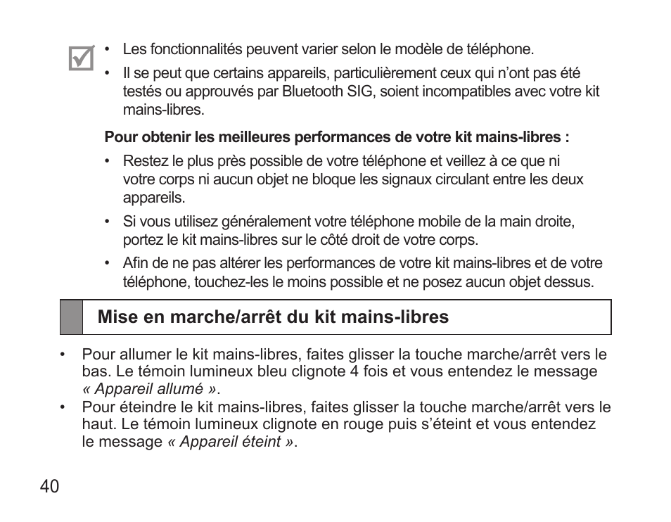 Mise en marche/arrêt du kit mains-libres | Samsung BHS3000 User Manual | Page 42 / 173
