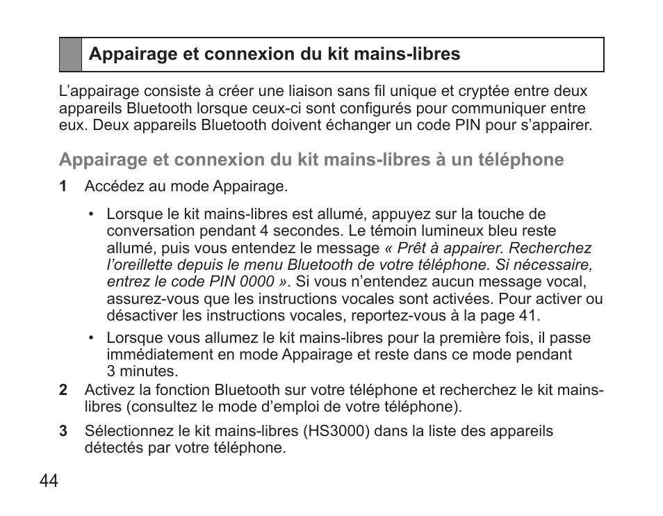 Appairage et connexion du kit mains-libres | Samsung BHS3000 User Manual | Page 46 / 173