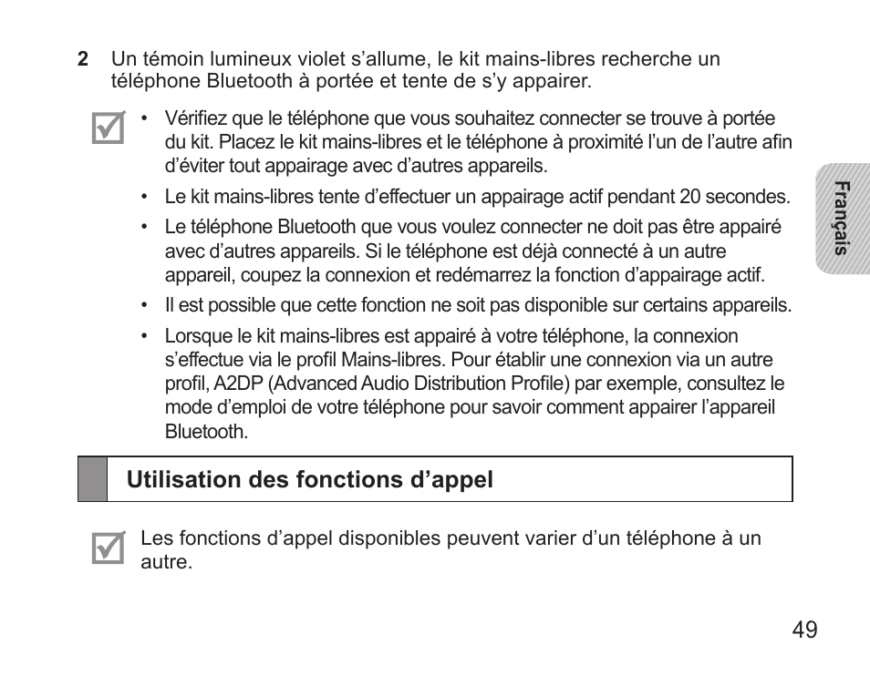 Utilisation des fonctions d’appel | Samsung BHS3000 User Manual | Page 51 / 173