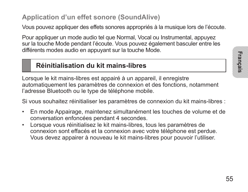 Réinitialisation du kit mains-libres | Samsung BHS3000 User Manual | Page 57 / 173