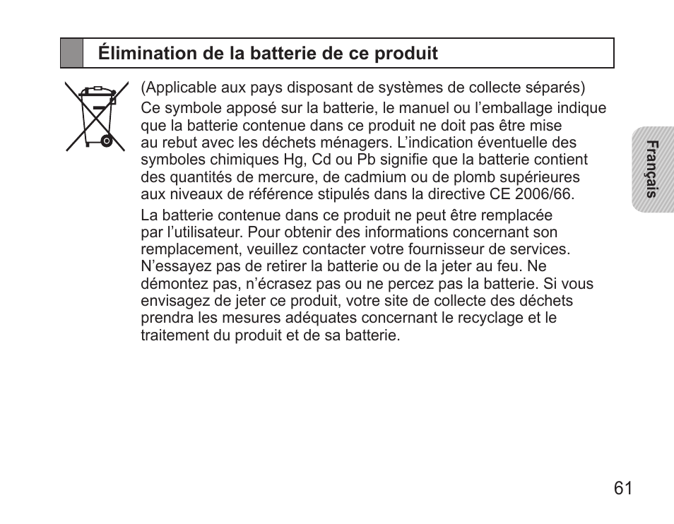 Élimination de la batterie de ce produit | Samsung BHS3000 User Manual | Page 63 / 173