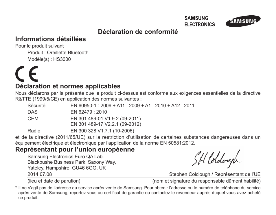 Déclaration de conformité informations détaillées, Déclaration et normes applicables, Représentant pour l’union européenne | Samsung BHS3000 User Manual | Page 64 / 173