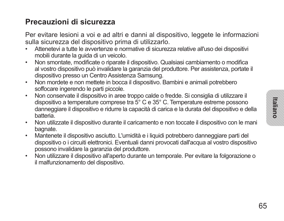 Precauzioni di sicurezza | Samsung BHS3000 User Manual | Page 67 / 173