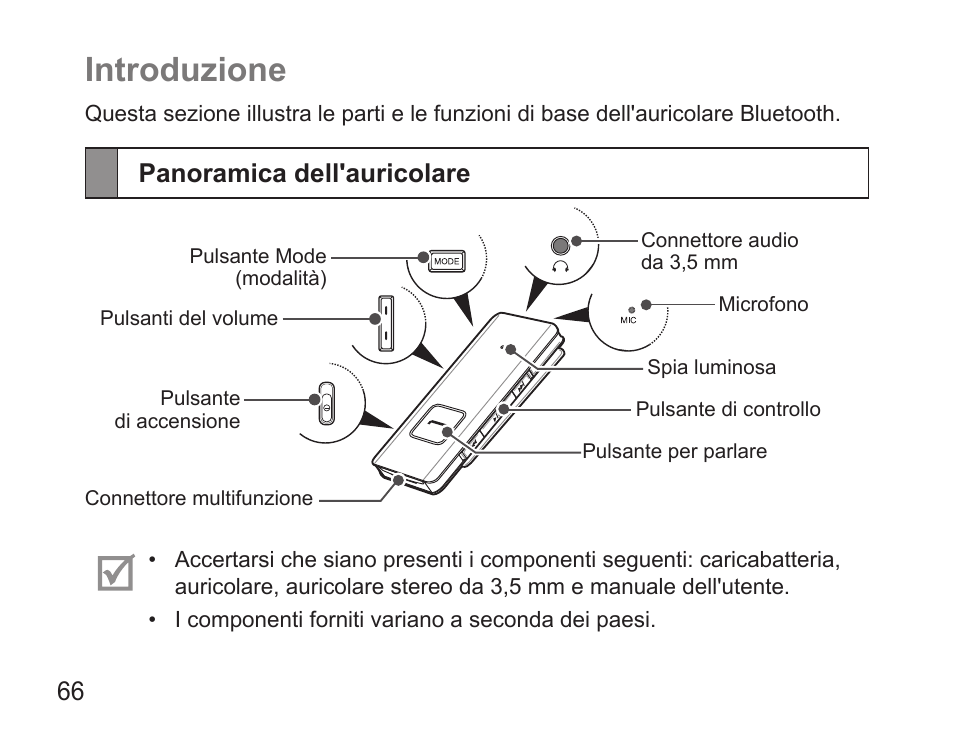 Introduzione, Panoramica dell'auricolare | Samsung BHS3000 User Manual | Page 68 / 173