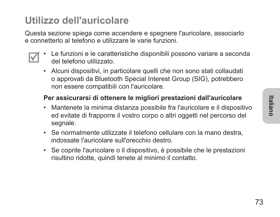 Utilizzo dell'auricolare | Samsung BHS3000 User Manual | Page 75 / 173
