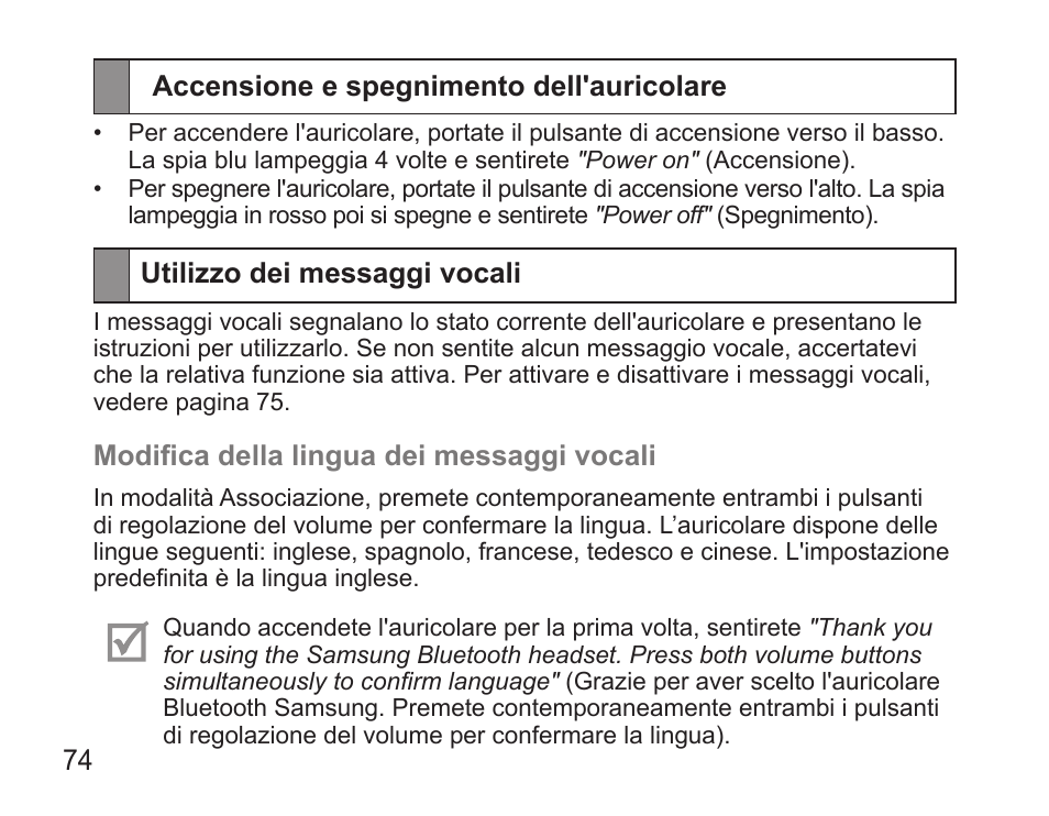 Accensione e spegnimento dell'auricolare, Utilizzo dei messaggi vocali | Samsung BHS3000 User Manual | Page 76 / 173