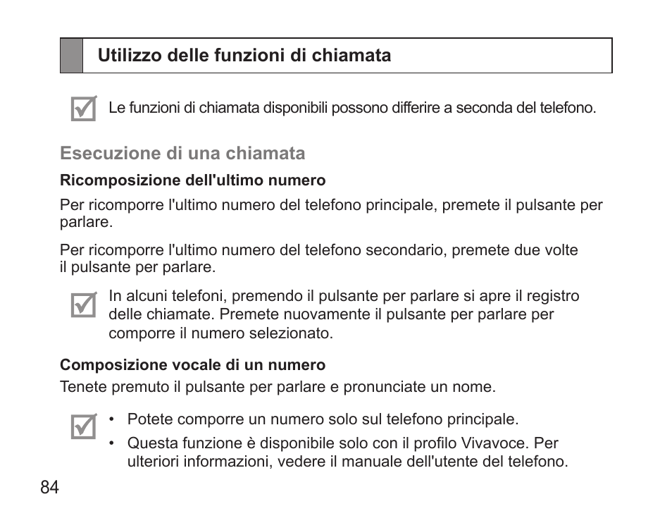 Utilizzo delle funzioni di chiamata | Samsung BHS3000 User Manual | Page 86 / 173