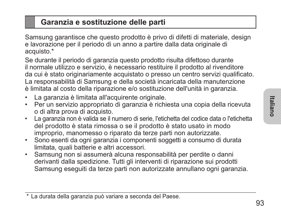 Garanzia e sostituzione delle parti | Samsung BHS3000 User Manual | Page 95 / 173