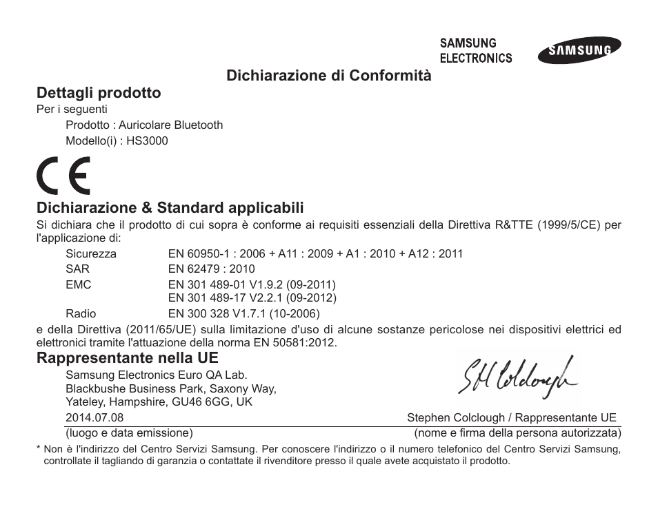 Dichiarazione di conformità dettagli prodotto, Dichiarazione & standard applicabili, Rappresentante nella ue | Samsung BHS3000 User Manual | Page 99 / 173