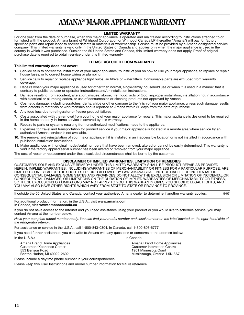 Amana, Major appliance warranty | Amana ASD2522VRW User Manual | Page 14 / 42