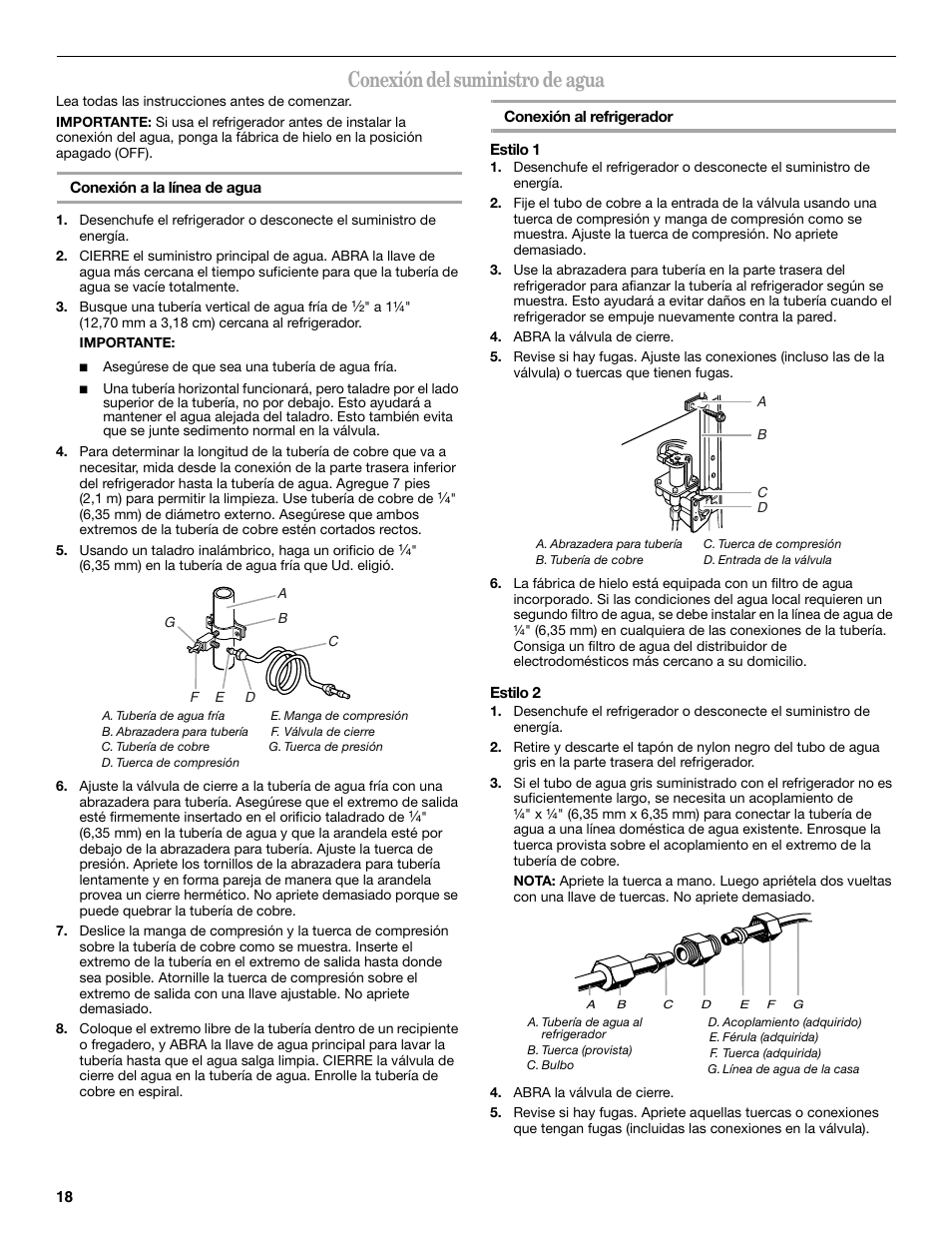 Conexión del suministro de agua | Amana ASD2522VRW User Manual | Page 18 / 42