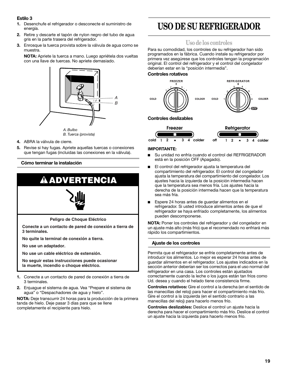 Uso de su refrigerador, Advertencia, Uso de los controles | Amana ASD2522VRW User Manual | Page 19 / 42