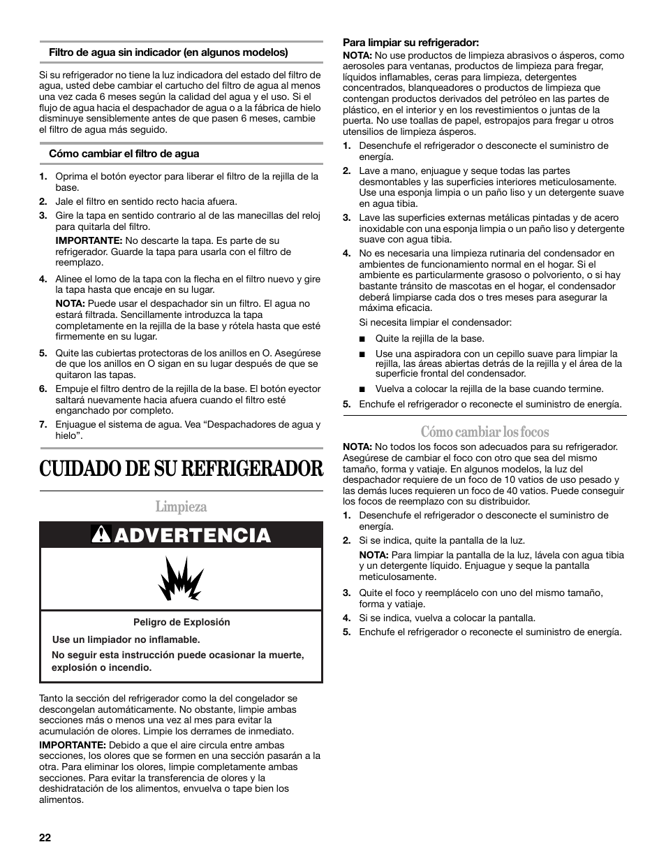 Cuidado de su refrigerador, Advertencia, Limpieza | Cómo cambiar los focos | Amana ASD2522VRW User Manual | Page 22 / 42