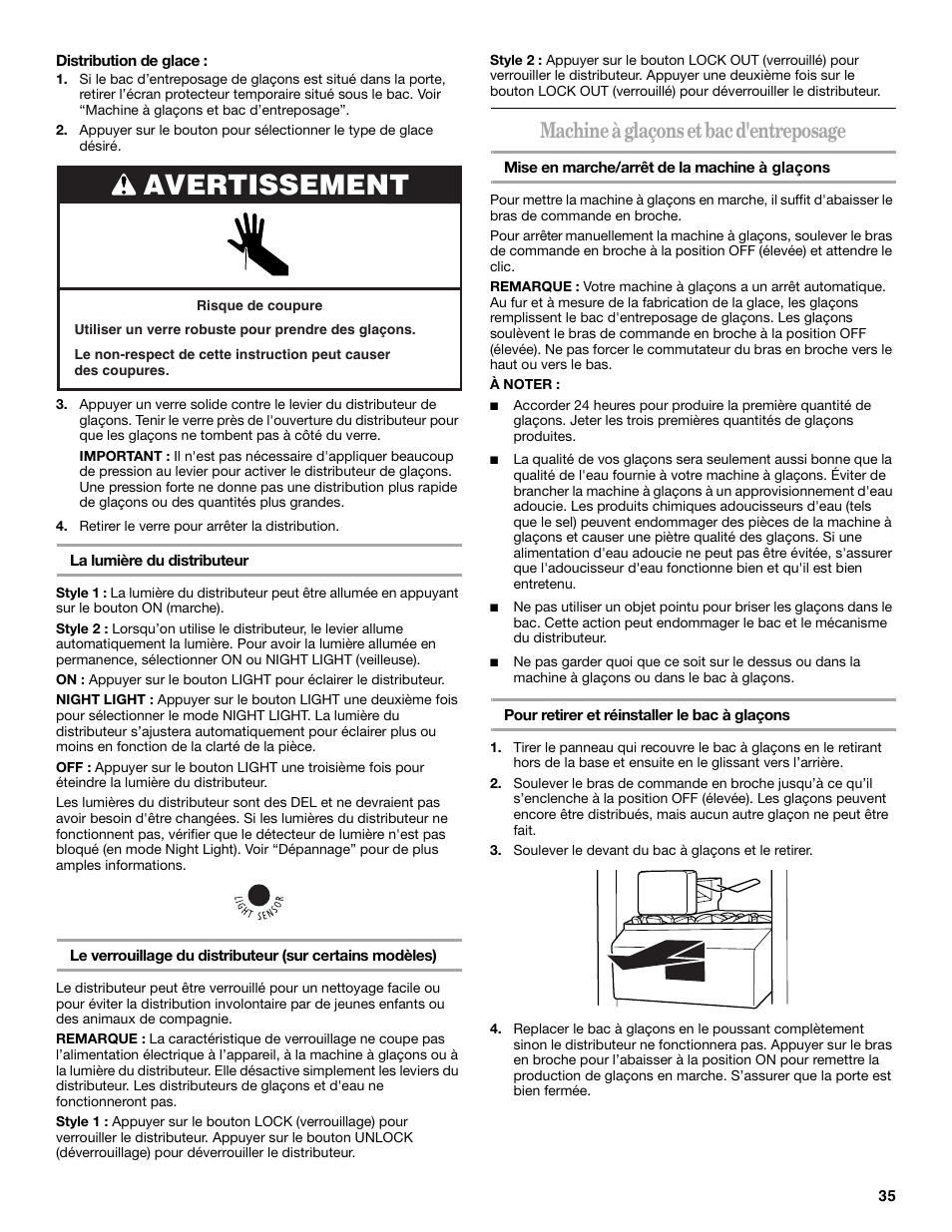 Avertissement, Machine à glaçons et bac d'entreposage | Amana ASD2522VRW User Manual | Page 35 / 42