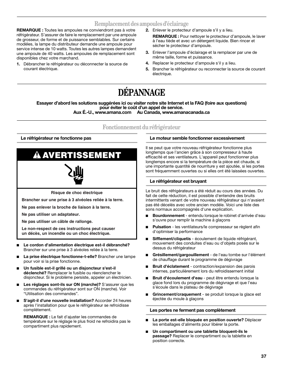 Dépannage, Avertissement, Remplacement des ampoules d’éclairage | Fonctionnement du réfrigérateur | Amana ASD2522VRW User Manual | Page 37 / 42