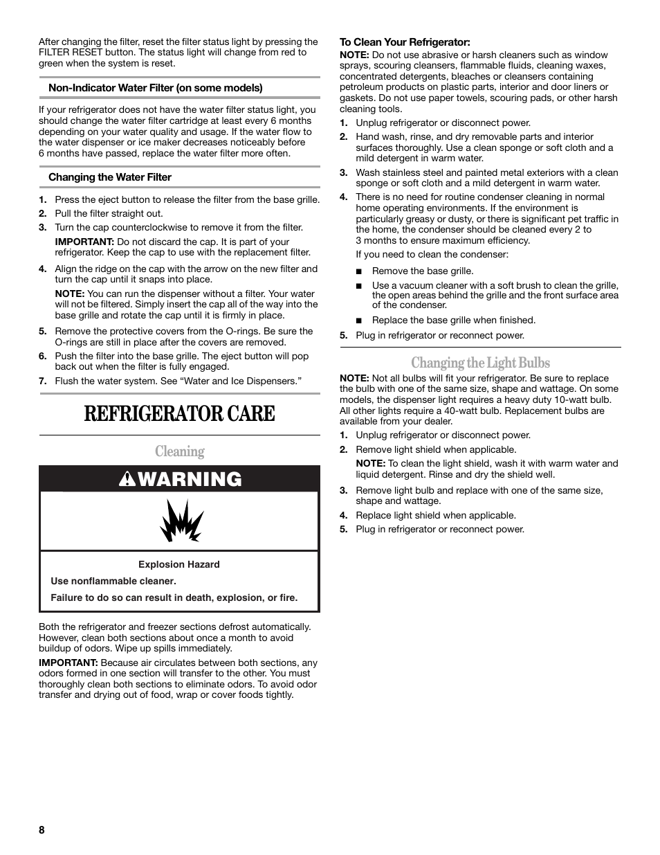 Refrigerator care, Warning, Cleaning | Changing the light bulbs | Amana ASD2522VRW User Manual | Page 8 / 42