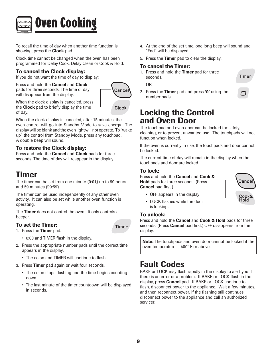 Oven cooking, Timer, Locking the control and oven door | Fault codes | Amana 8113P487-60 User Manual | Page 10 / 80