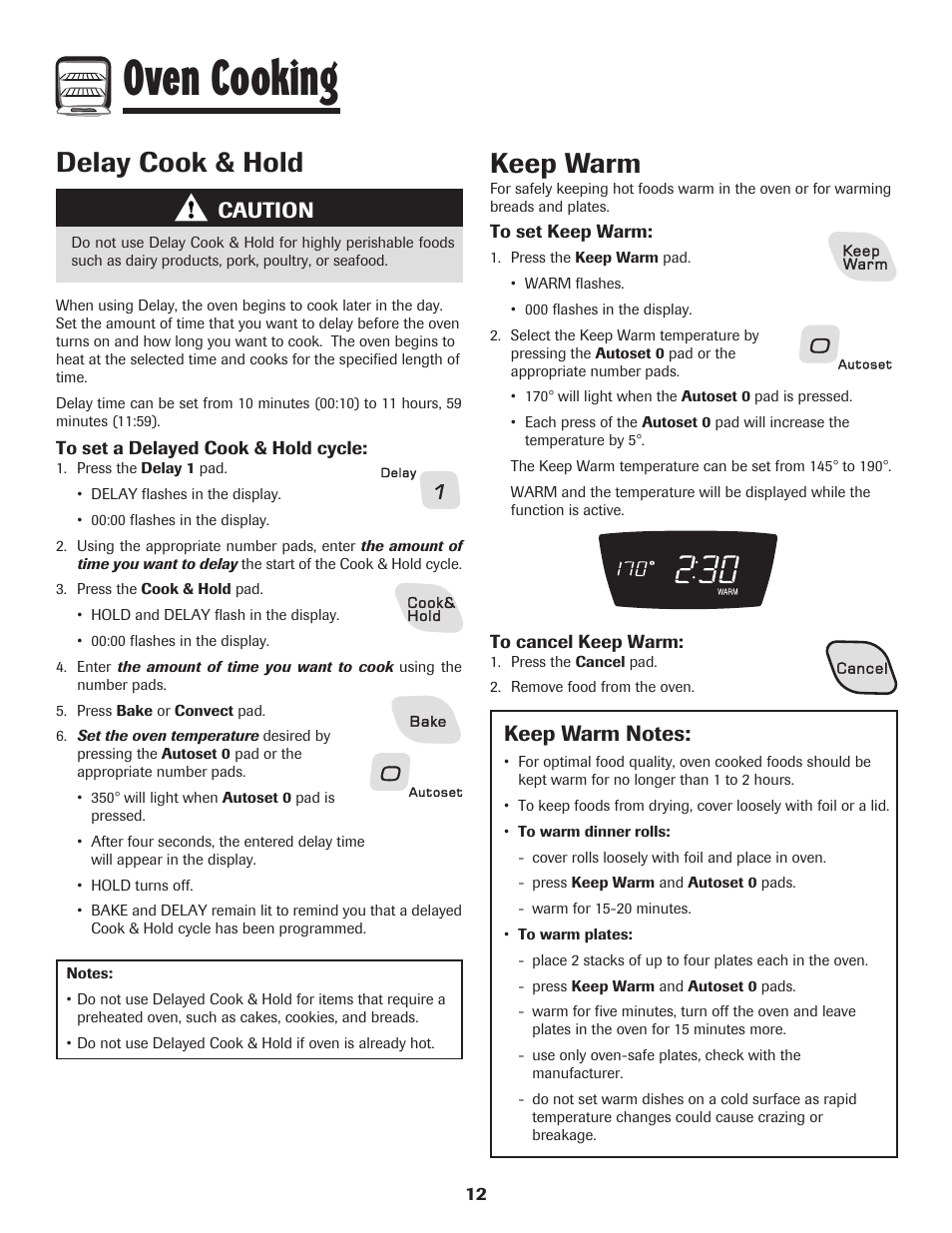 Oven cooking, Keep warm, Delay cook & hold | Caution | Amana 8113P487-60 User Manual | Page 13 / 80