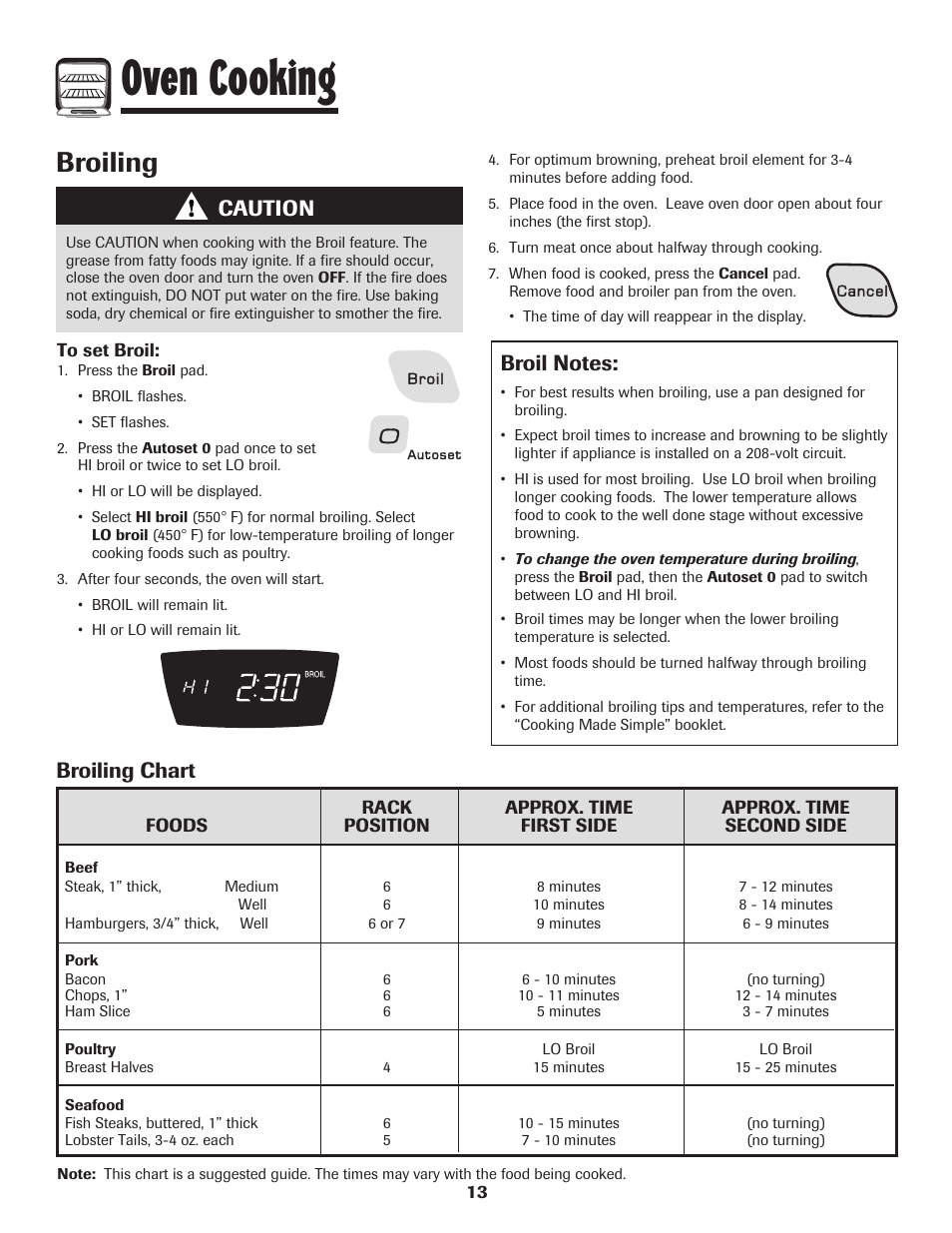 Oven cooking, Broiling, Broiling chart | Caution | Amana 8113P487-60 User Manual | Page 14 / 80