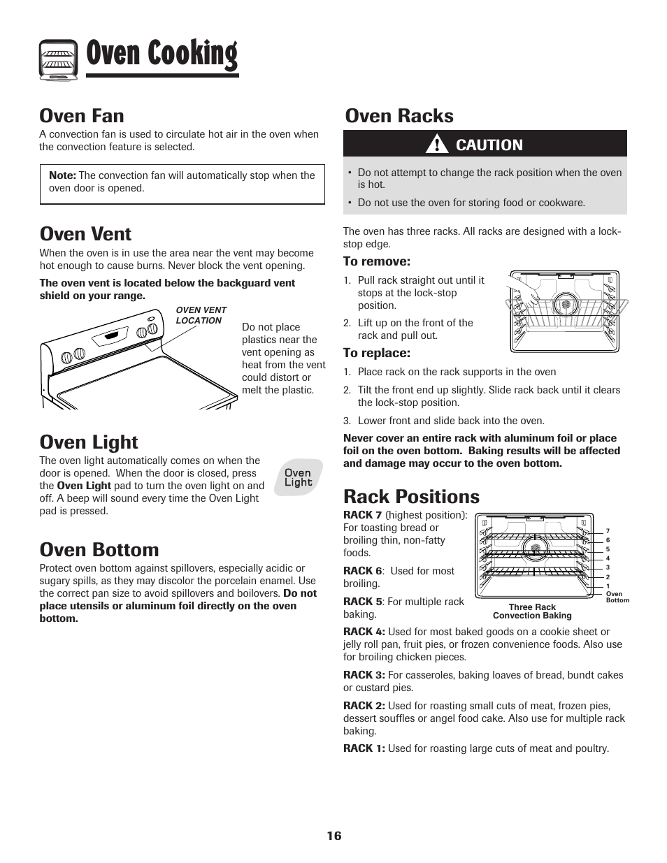 Oven cooking, Oven light, Oven bottom | Oven fan, Oven vent, Oven racks, Rack positions, Caution | Amana 8113P487-60 User Manual | Page 17 / 80