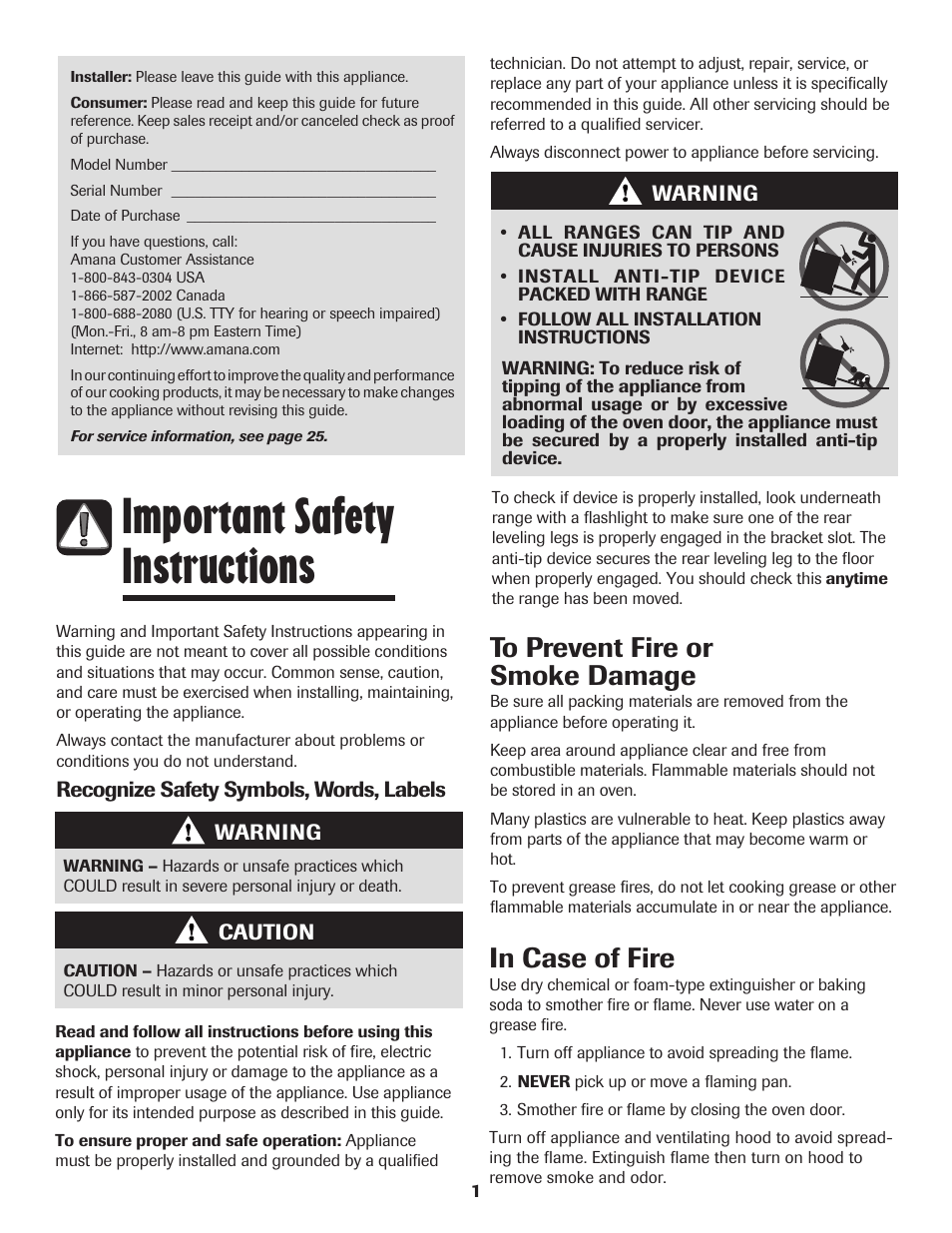 Important safety instructions | Amana 8113P487-60 User Manual | Page 2 / 80