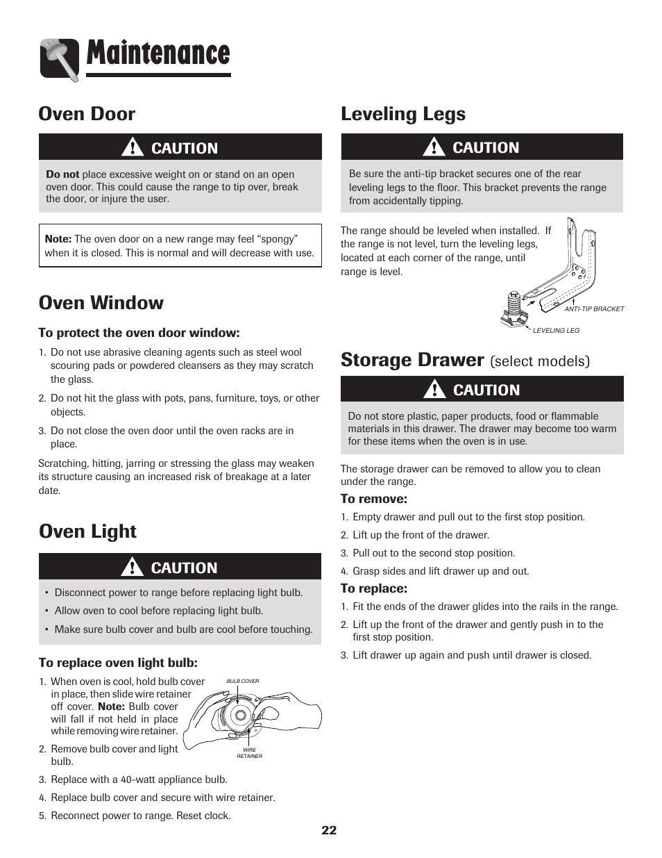 Maintenance, Oven door, Oven window | Leveling legs, Oven light, Storage drawer, Caution, Select models) | Amana 8113P487-60 User Manual | Page 23 / 80