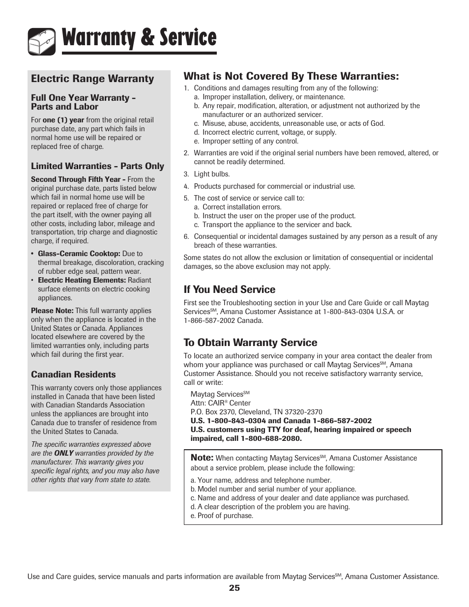 Warranty & service, What is not covered by these warranties, If you need service | Electric range warranty | Amana 8113P487-60 User Manual | Page 26 / 80