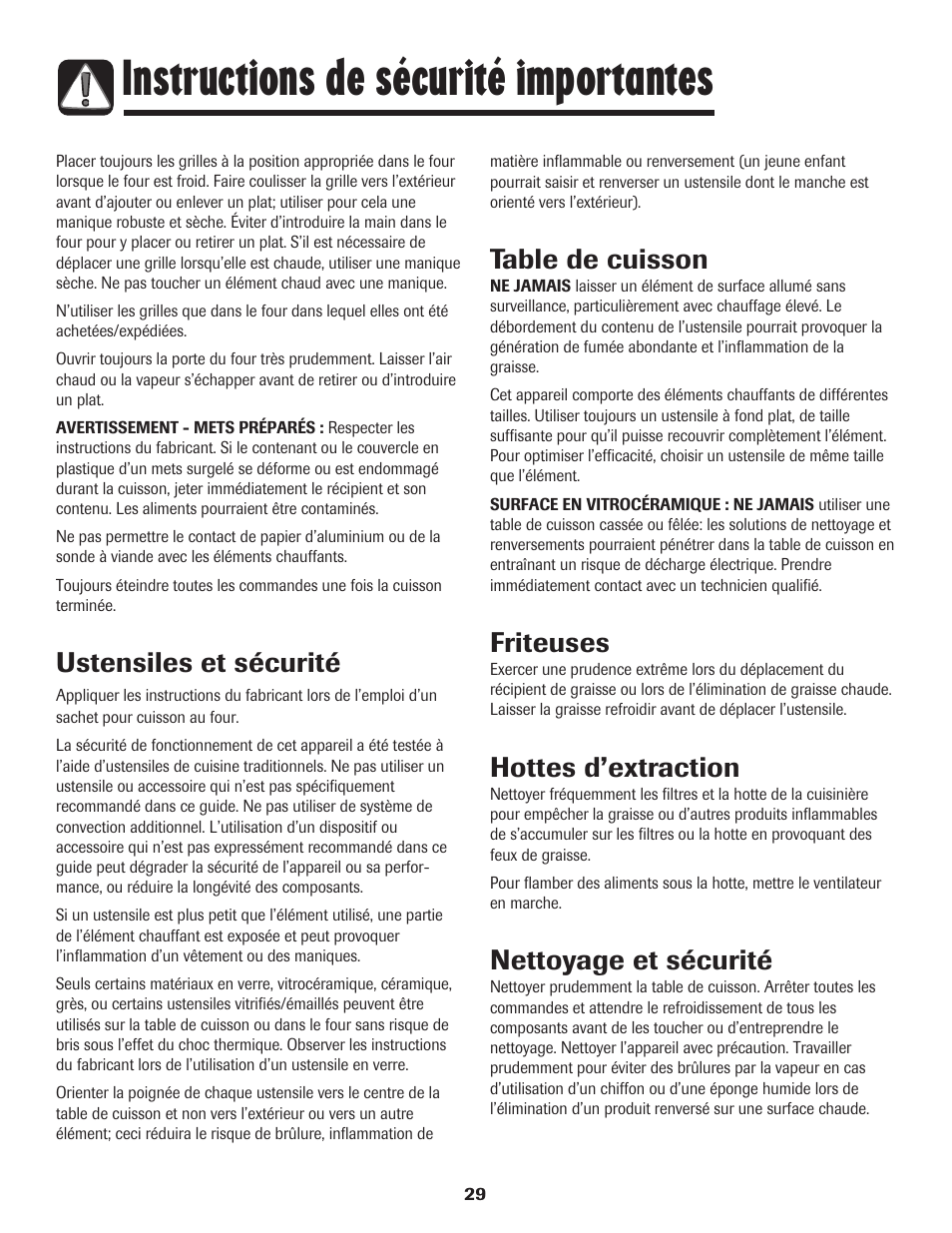 Instructions de sécurité importantes, Ustensiles et sécurité, Table de cuisson | Friteuses, Hottes d’extraction, Nettoyage et sécurité | Amana 8113P487-60 User Manual | Page 30 / 80