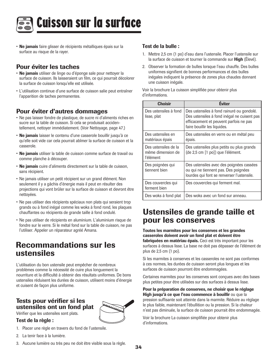 Cuisson sur la surface, Recommandations sur les ustensiles, Ustensiles de grande taille et pour les conserves | Pour éviter les taches, Pour éviter d’autres dommages | Amana 8113P487-60 User Manual | Page 35 / 80