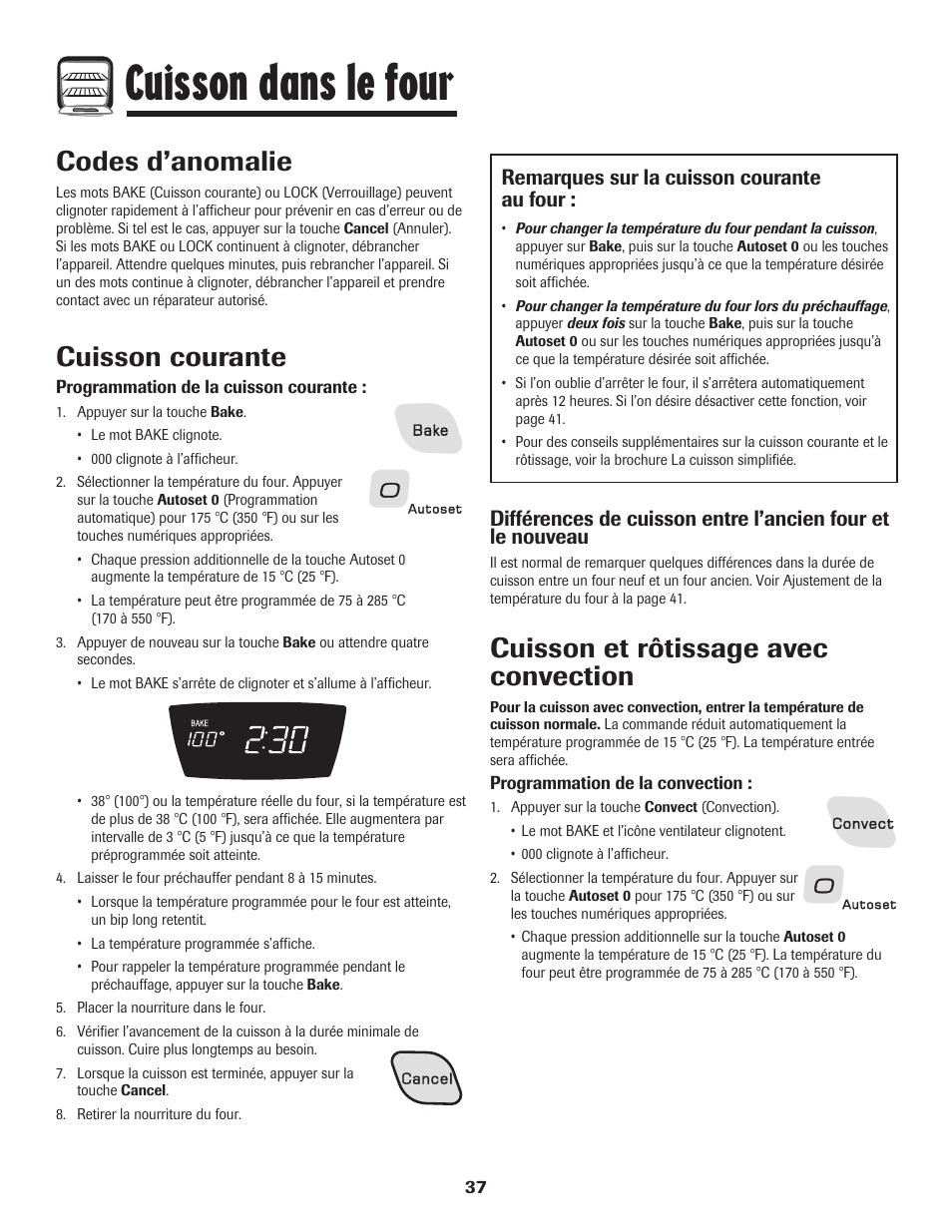 Cuisson dans le four, Codes d’anomalie, Cuisson courante | Cuisson et rôtissage avec convection, Remarques sur la cuisson courante au four | Amana 8113P487-60 User Manual | Page 38 / 80