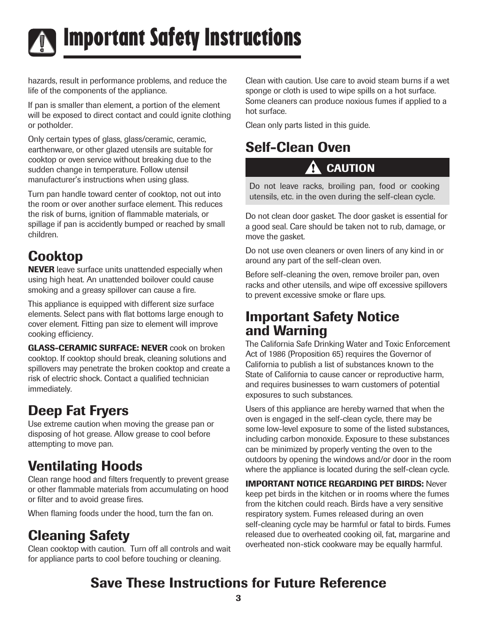 Important safety instructions, Self-clean oven, Important safety notice and warning | Cooktop, Deep fat fryers, Ventilating hoods, Cleaning safety, Save these instructions for future reference | Amana 8113P487-60 User Manual | Page 4 / 80