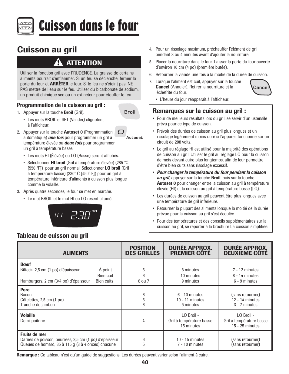 Cuisson dans le four, Cuisson au gril, Remarques sur la cuisson au gril | Tableau de cuisson au gril, Attention | Amana 8113P487-60 User Manual | Page 41 / 80