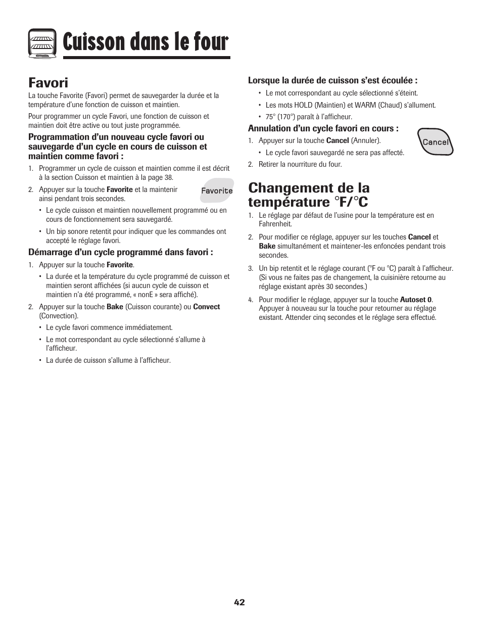 Cuisson dans le four, Favori, Changement de la température | Amana 8113P487-60 User Manual | Page 43 / 80