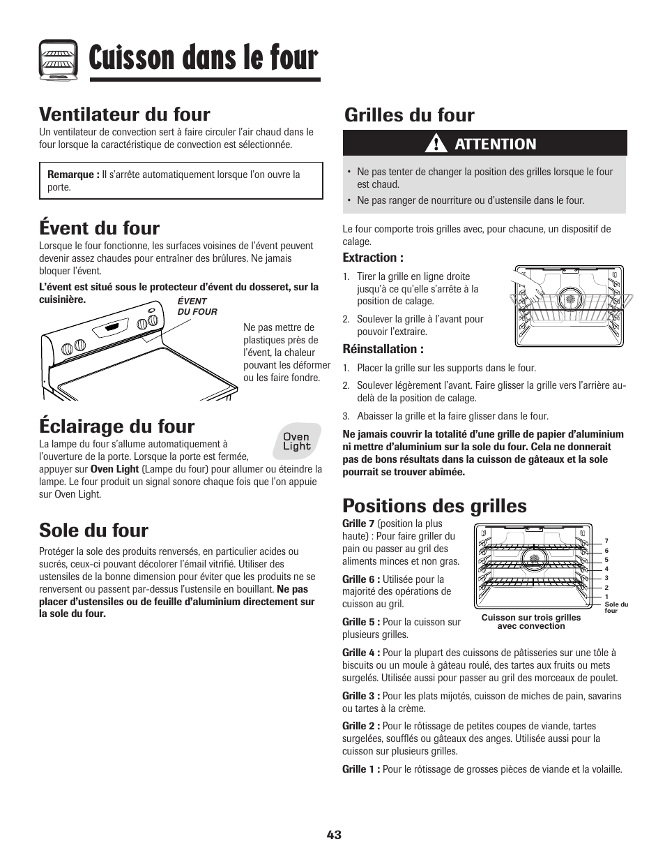 Cuisson dans le four, Sole du four, Évent du four | Grilles du four, Positions des grilles, Ventilateur du four, Éclairage du four, Attention | Amana 8113P487-60 User Manual | Page 44 / 80