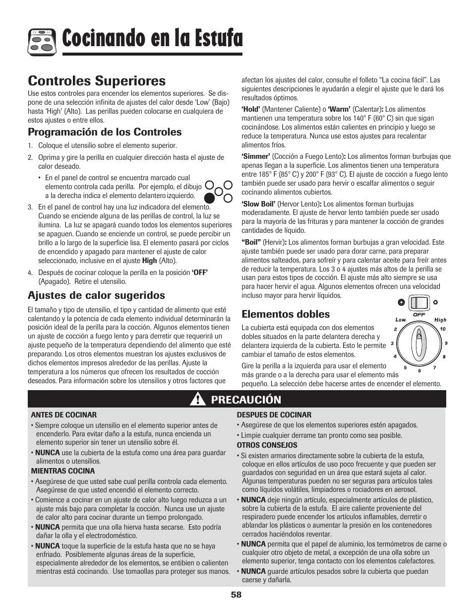 Cocinando en la estufa, Controles superiores, Programación de los controles | Ajustes de calor sugeridos, Precaución, Elementos dobles | Amana 8113P487-60 User Manual | Page 59 / 80