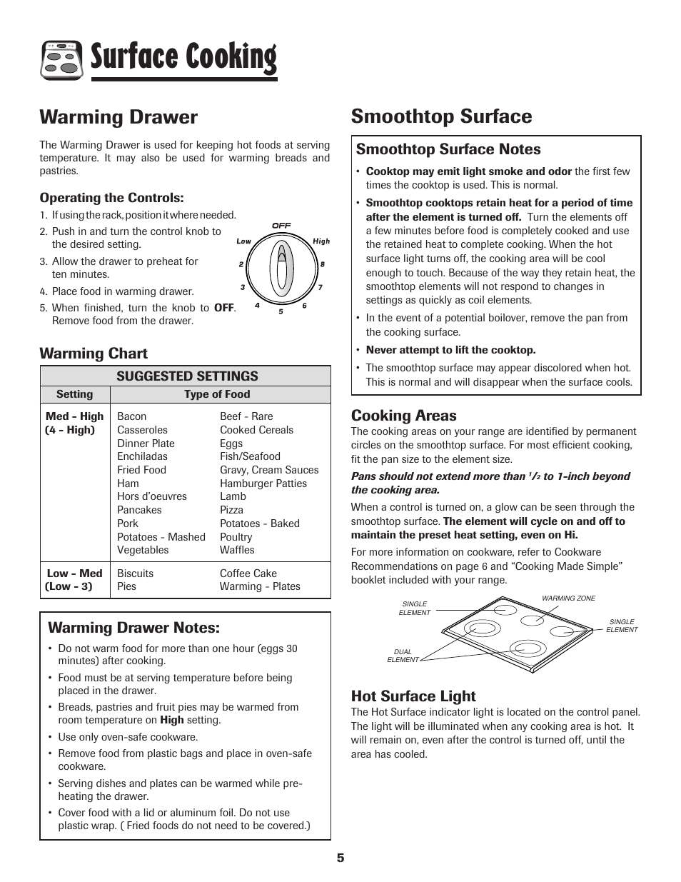 Surface cooking, Smoothtop surface, Warming drawer | Cooking areas, Hot surface light, Warming chart | Amana 8113P487-60 User Manual | Page 6 / 80