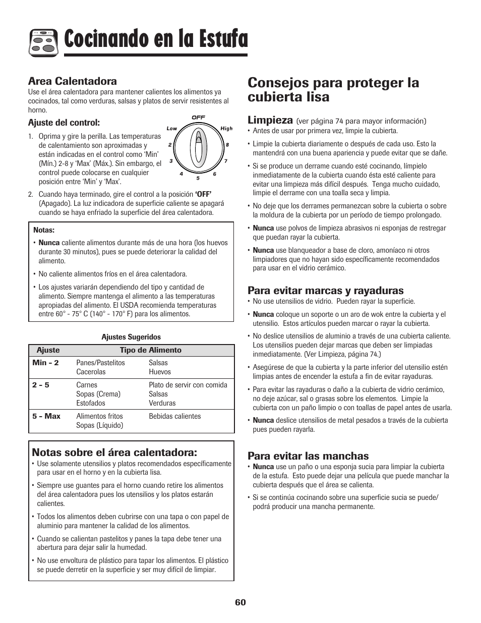 Cocinando en la estufa, Consejos para proteger la cubierta lisa, Limpieza | Para evitar marcas y rayaduras, Para evitar las manchas, Notas sobre el área calentadora, Area calentadora | Amana 8113P487-60 User Manual | Page 61 / 80