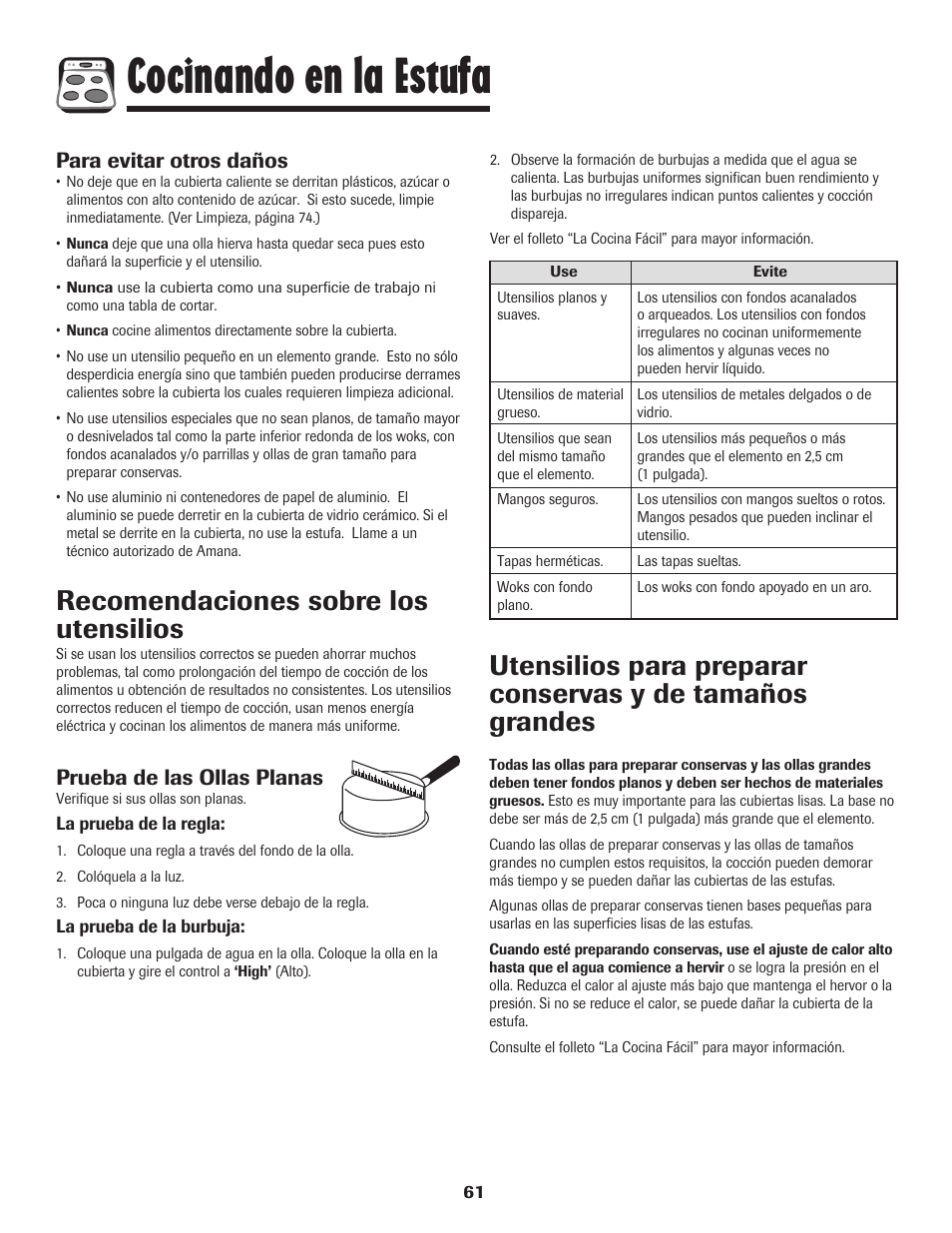 Cocinando en la estufa, Recomendaciones sobre los utensilios, Prueba de las ollas planas | Para evitar otros daños | Amana 8113P487-60 User Manual | Page 62 / 80