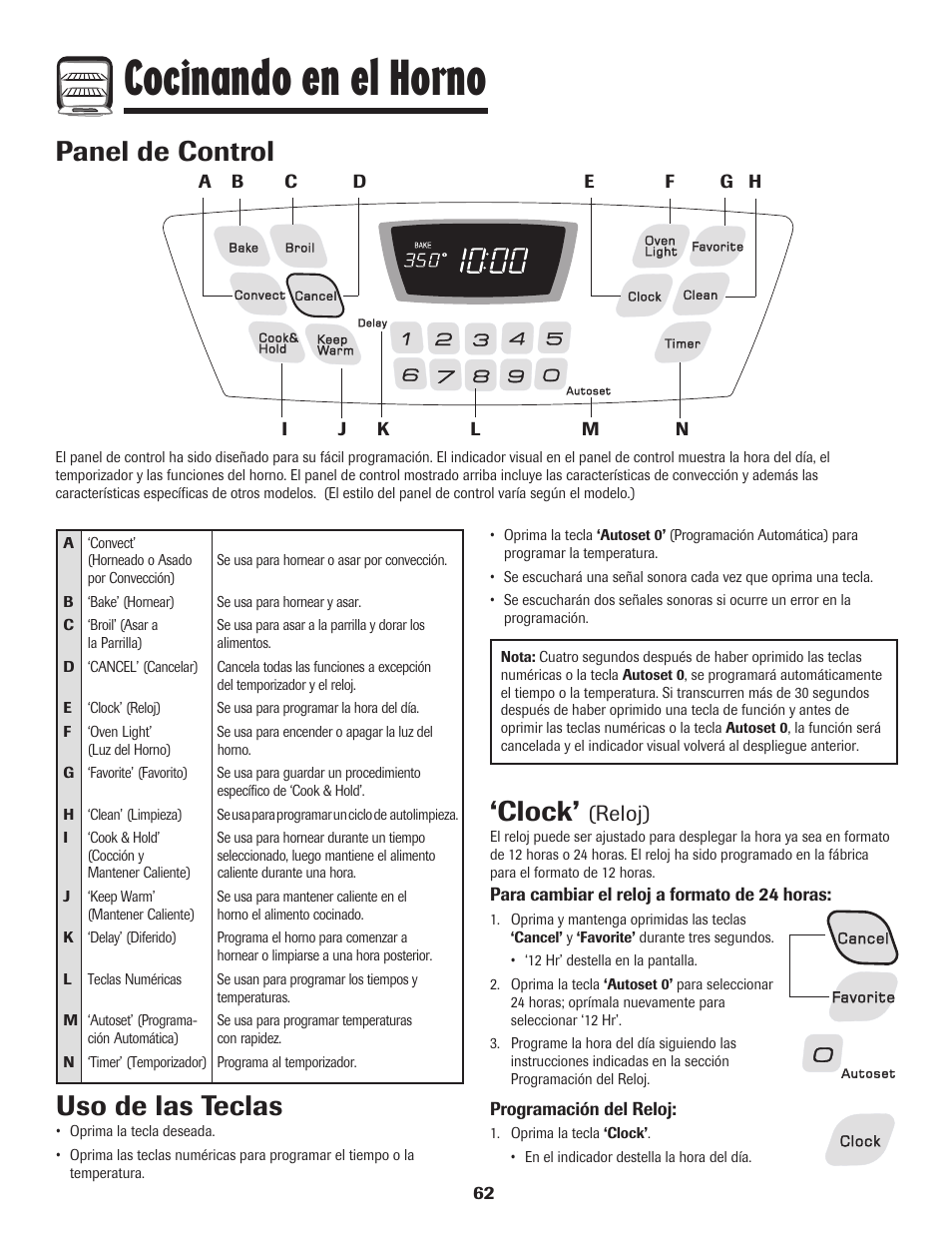 Cocinando en el horno, Panel de control, Uso de las teclas | Clock, Reloj) | Amana 8113P487-60 User Manual | Page 63 / 80