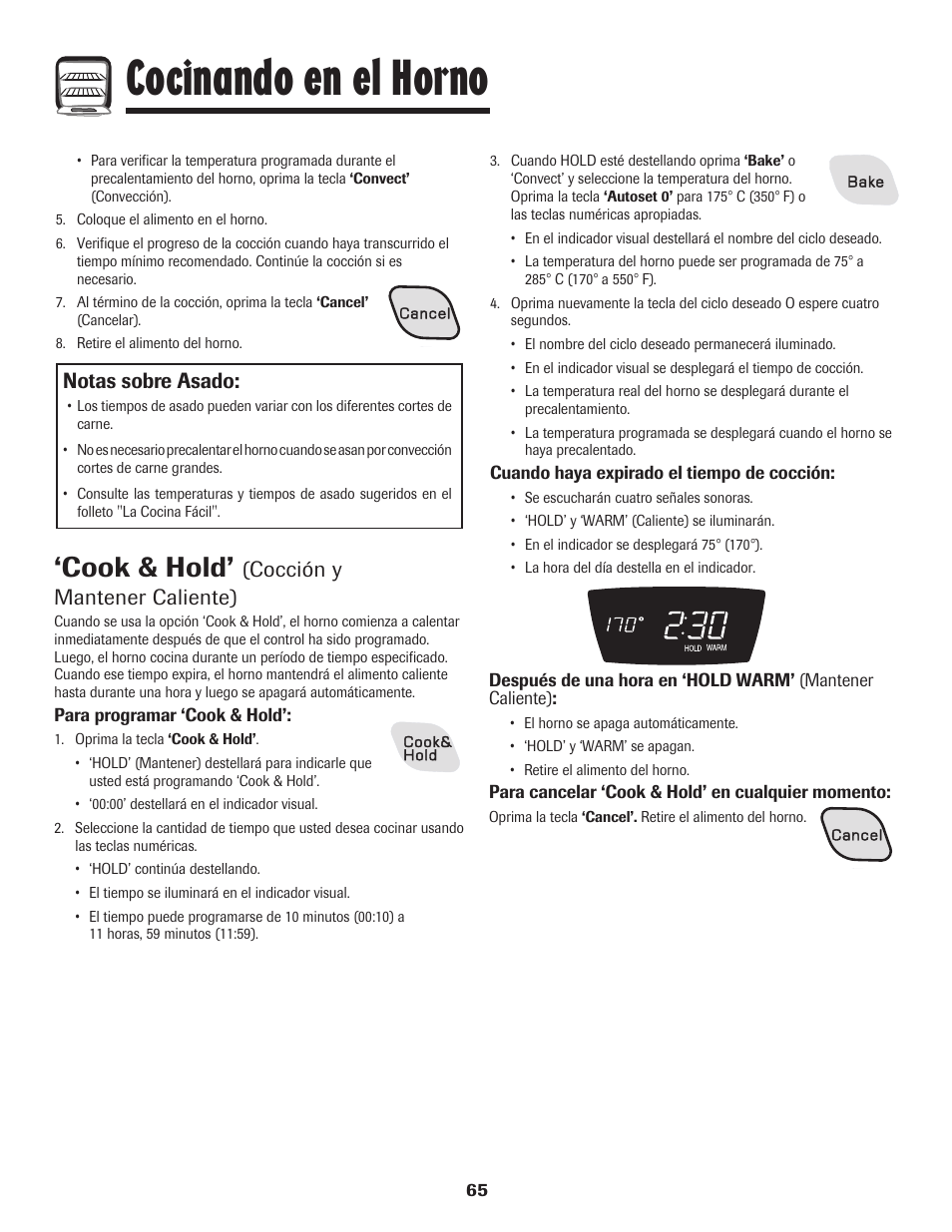 Cocinando en el horno, Cook & hold, Cocción y mantener caliente) | Notas sobre asado | Amana 8113P487-60 User Manual | Page 66 / 80