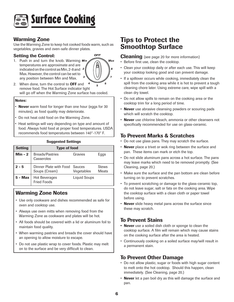 Surface cooking, Tips to protect the smoothtop surface, Cleaning | Warming zone | Amana 8113P487-60 User Manual | Page 7 / 80