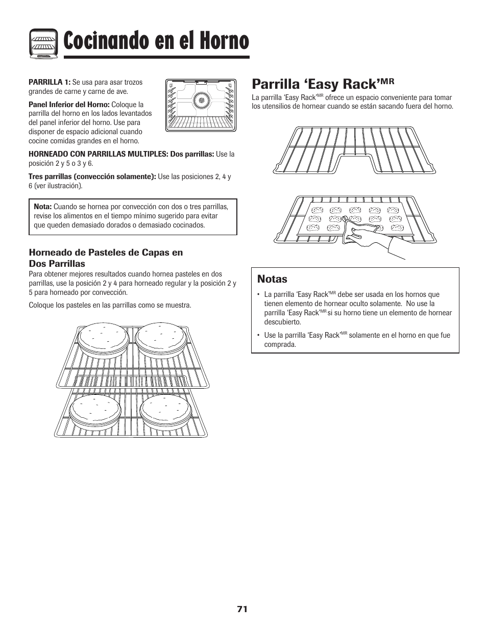 Cocinando en el horno, Parrilla ‘easy rack, Notas | Amana 8113P487-60 User Manual | Page 72 / 80