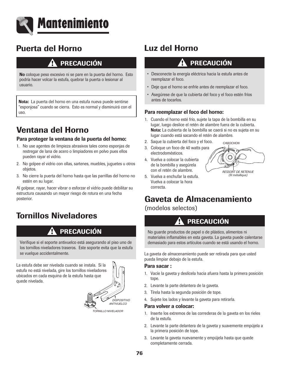 Mantenimiento, Puerta del horno, Ventana del horno | Luz del horno, Tornillos niveladores, Gaveta de almacenamiento, Precaución, Modelos selectos) | Amana 8113P487-60 User Manual | Page 77 / 80