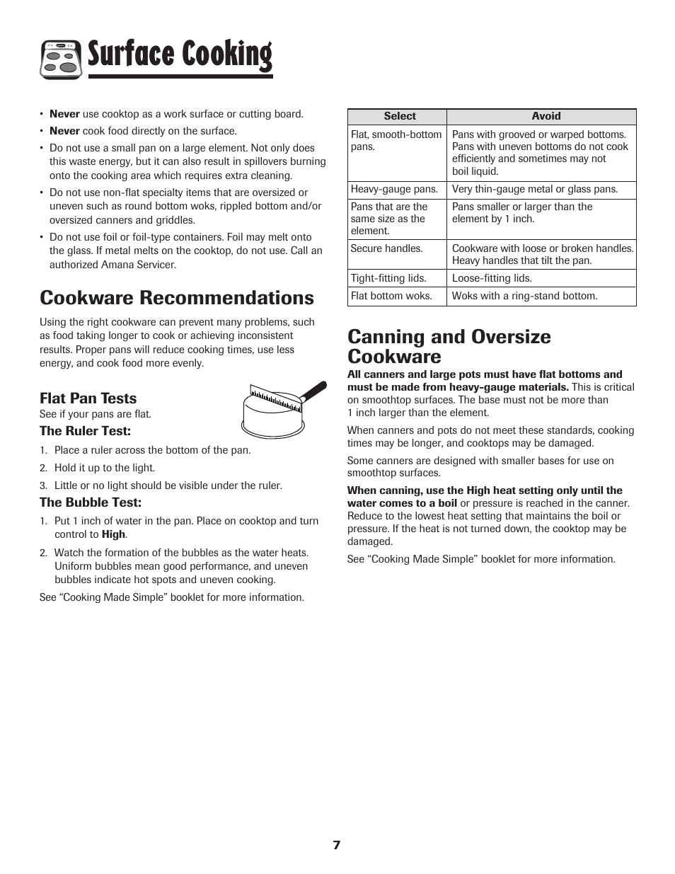 Surface cooking, Canning and oversize cookware, Cookware recommendations | Flat pan tests | Amana 8113P487-60 User Manual | Page 8 / 80