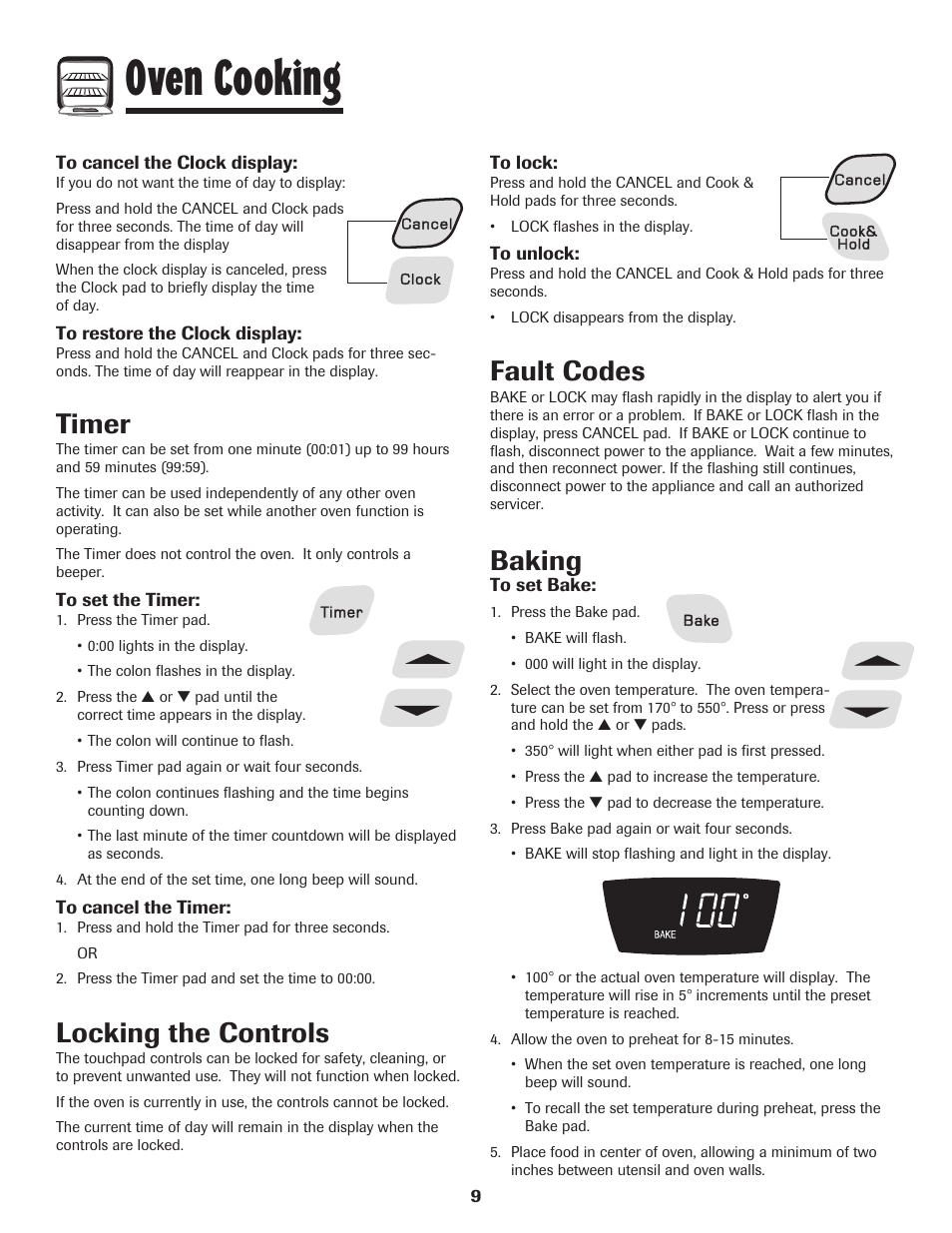 Oven cooking, Timer, Locking the controls | Fault codes, Baking | Amana 8113P595-60 User Manual | Page 10 / 76