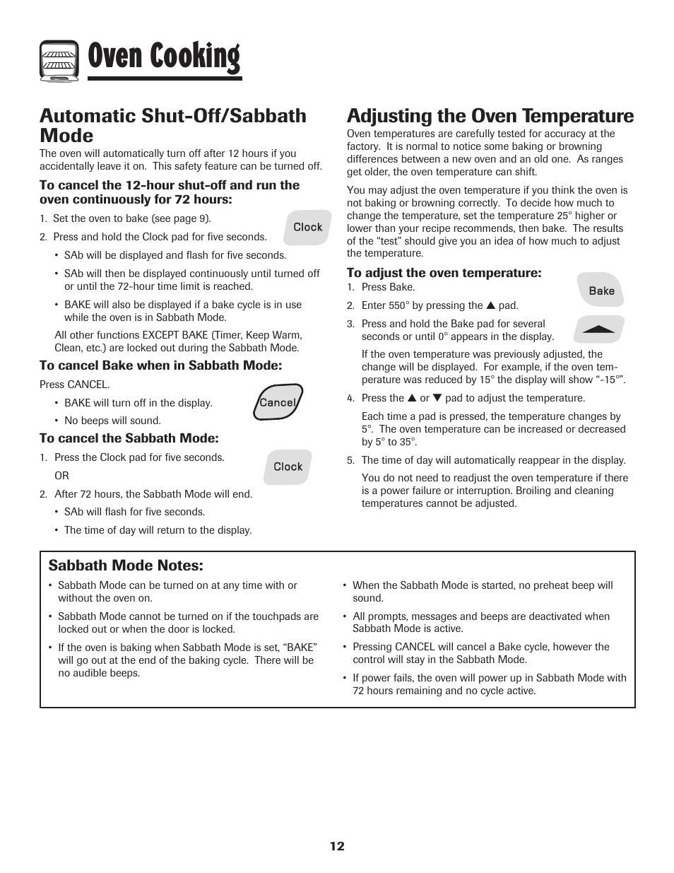 Oven cooking, Automatic shut-off/sabbath mode, Adjusting the oven temperature | Amana 8113P595-60 User Manual | Page 13 / 76