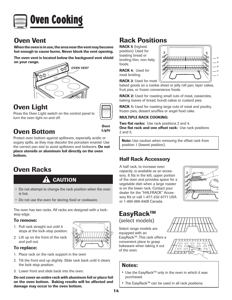 Oven cooking, Oven light, Oven bottom | Oven vent, Oven racks, Rack positions, Easyrack, Caution, Half rack accessory, Select models) | Amana 8113P595-60 User Manual | Page 15 / 76
