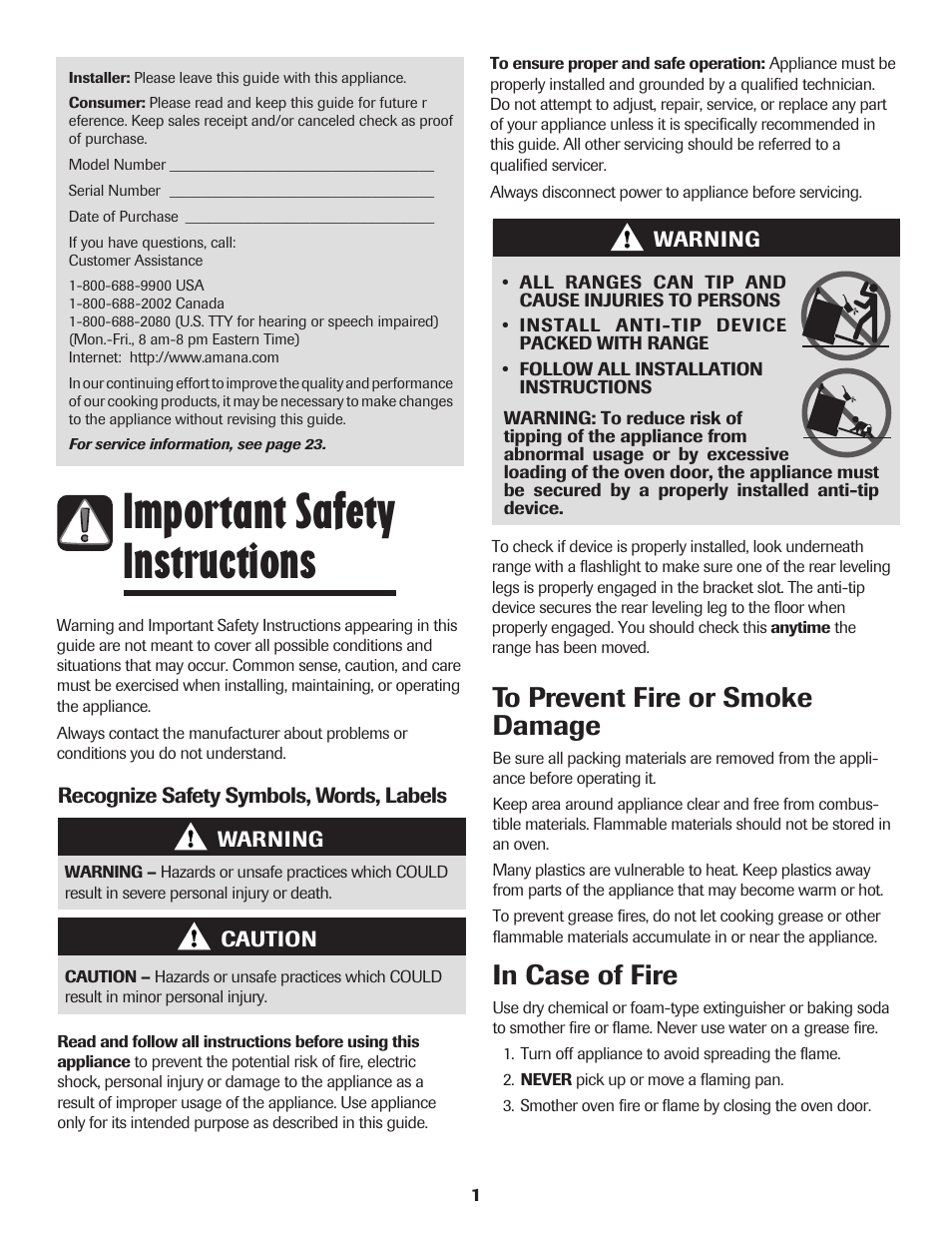 Important safety instructions | Amana 8113P595-60 User Manual | Page 2 / 76